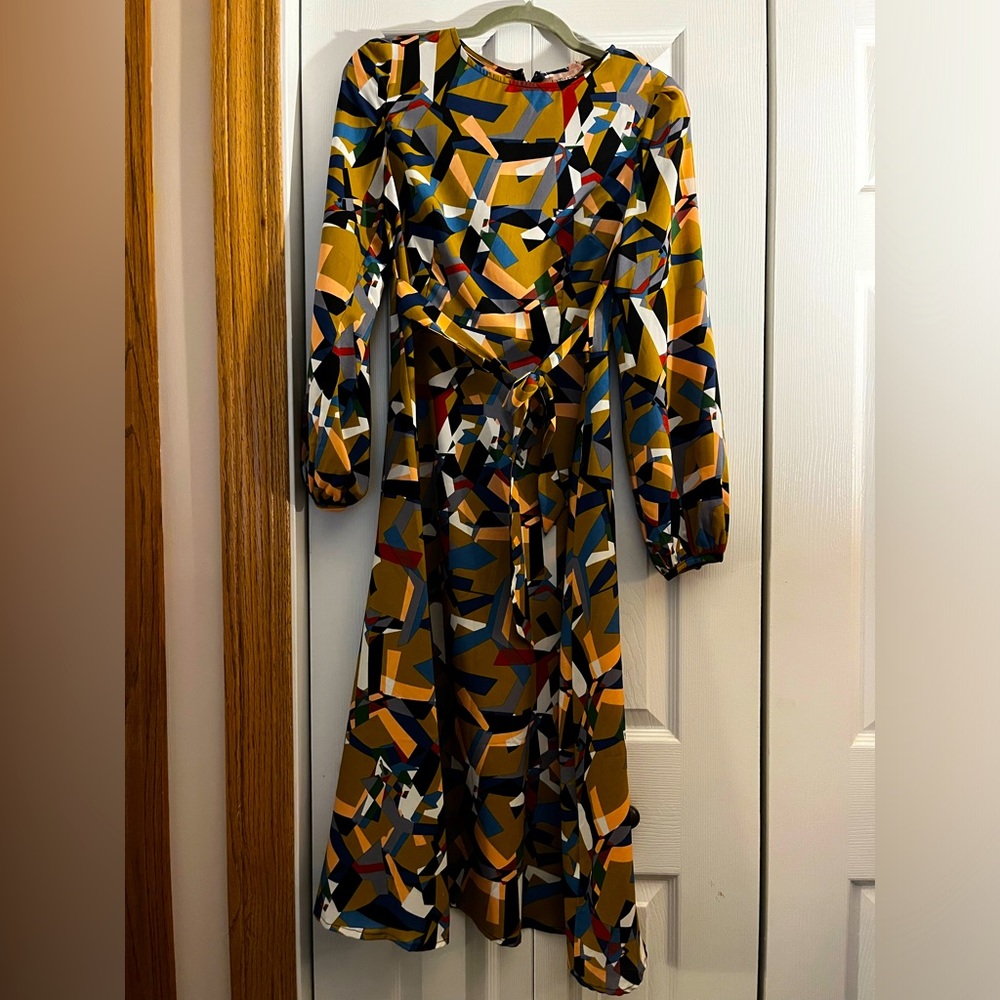 Traffic People Geometric Pattern Long-Sleeve Tie Dress - Size Small